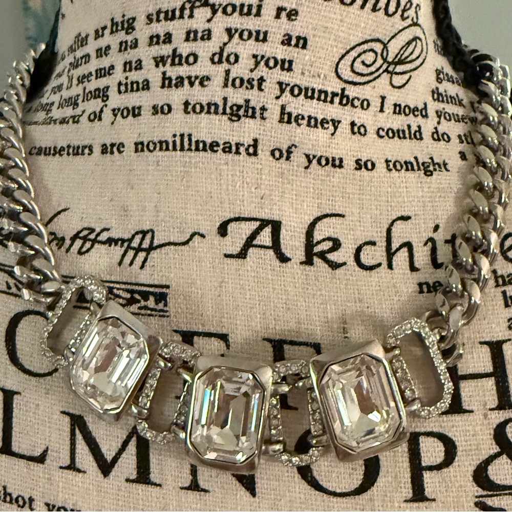 Elegant Statement Silver Givenchy Choker Necklace Rhinestones and Crystals